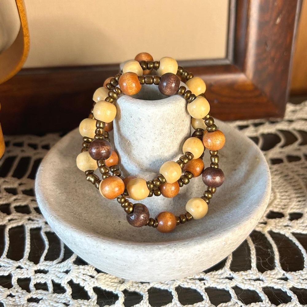 Wood Bead Bracelet Set: Bohemian‎ Stretch Bracelets Earth Tone Jewelry Upcycled